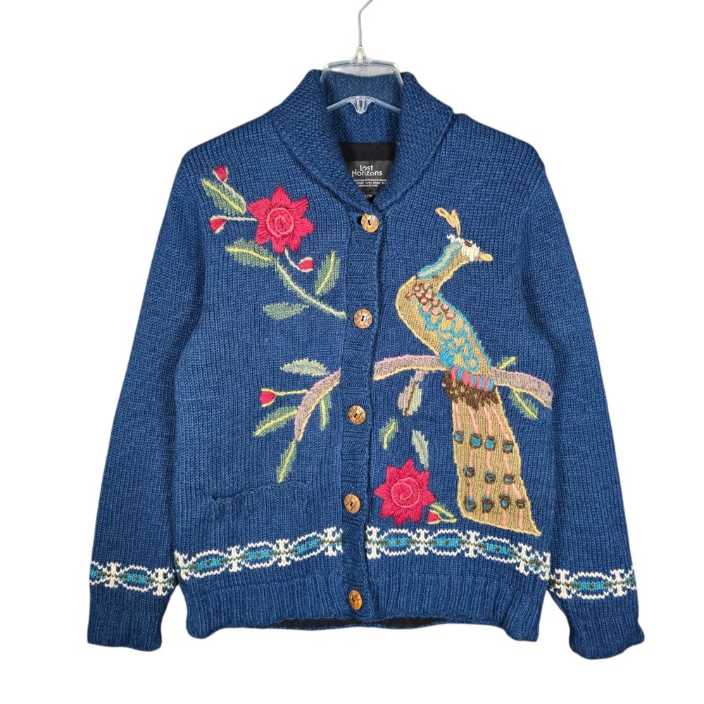 Lost Horizons Cardigan Womens XS Wool Peacock Sweater Jacket Fleece Lined Nepal